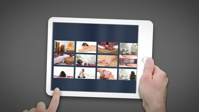 Animated tablet computer displaying videos about spa