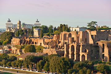 View of Circus  maximus and Vittorio emanuele monument at sunset