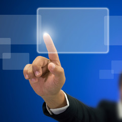 Right hand Businessman index press on white transparent button