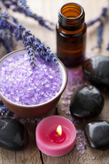 Fototapeta na wymiar herbal salt lavender and spa stones