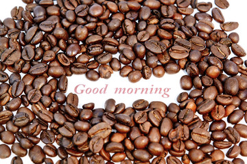 coffee beans on white background, greeting