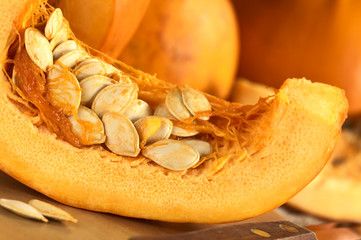 Fresh pumpkin slice with pumpkin seeds