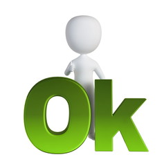 3d small person standing near to an ok icon. 3d image. Isolated