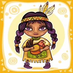 Cercles muraux Indiens Thème de Thanksgiving : Jolie fille amérindienne avec dinde