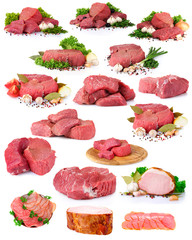 fresh raw meat collection isolated on white