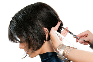 Hairdresser cutting hair - obrazy, fototapety, plakaty
