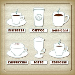 Set of cups with different coffee drinks on old carboard. Eps10