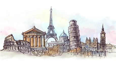 Rideaux velours Illustration Paris panorama mondial des lieux d& 39 intérêt (série C)