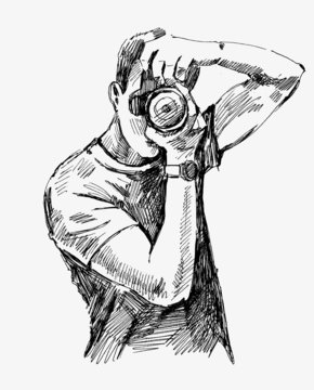 Free Vector  Male photographer with camera hand drawn sketch vector