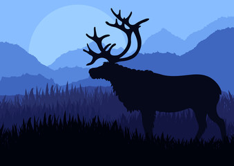 Reindeer in wild north nature landscape illustration