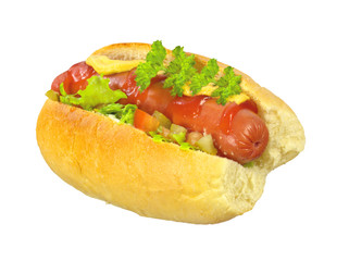 Delicious hot dog with mustard, ketchup and lettuce isolated on