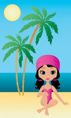 Poster Mooi meisje zit op een strand. vector © Nataliya Yakovleva