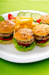 Burgers with french fries in plate