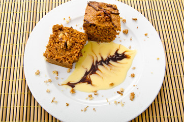 Cake with sweet sauce in plate