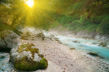 Foggy turquoise mountain brook in sunrise light. - 36416432