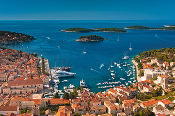Harbor of old Adriatic island town Hvar. High angle view. - 36416448