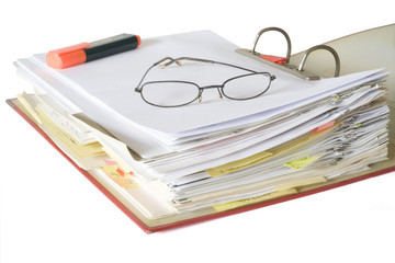 open file folder with spectacles and text marker