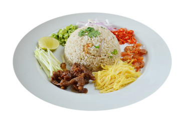 Mixed cooked rice with shrimp paste sauce and fresh vegetable