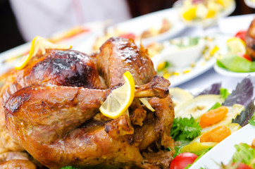 Roasted turkey on the festive table