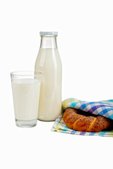 glass of milk with baked bun