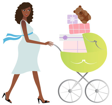 African american mother with baby carriage full of presents