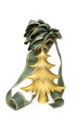 Christmas tree decorated with green ribbon on white background