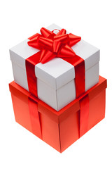 gift box with red ribbon bow isolated over white background