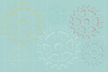 Sketch Faded Illustrated Gears On Blue Background