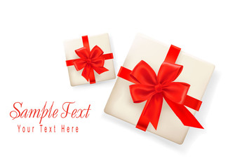 Background with gift boxes and red ribbons. Vector illustration