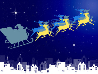 Santa Claus in his sleigh with night sky over the city