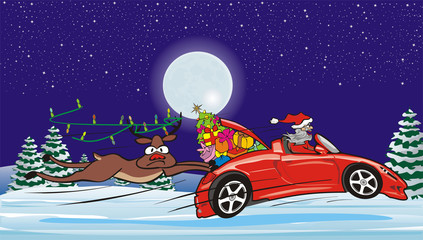crazy santa in convertible and surprised reindeer