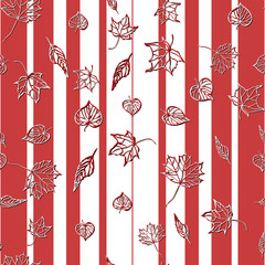 Seamless pattern with leaves on striped background