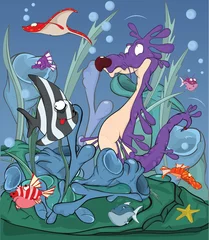  Seahorse en tropische kleine vissen onder water. Tekenfilm © liusa