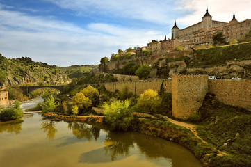 View of Toledo. Alcazar, View of old bridge, river Tagus