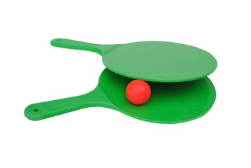 Two green rackets with a ball isolated on white background