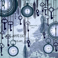 Antique background with map and clocks