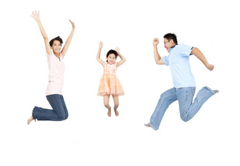 Fototapeta na wymiar happy family jumping and isolated on white background