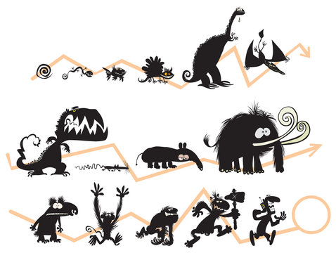 Funny Animal and Human Silhouettes on the Evolution scale.