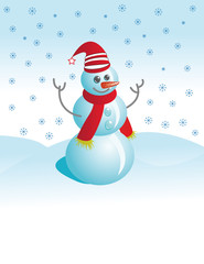 Cheerful snowman against snow