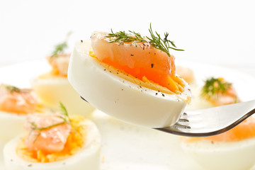 Boiled eggs with salted salmon