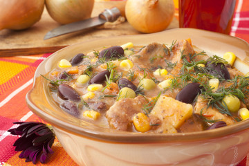 dish with beans and meat for dinner