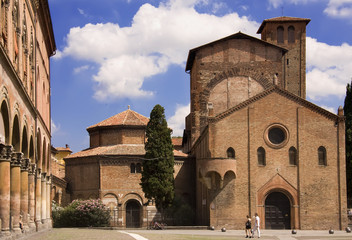 Facade of medieval church and monastery in Bologna