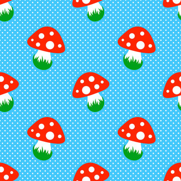 blue polka dot pattern with red toadstool mushroom seamless