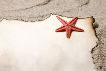 Fototapeta na wymiar Old paper tag on natural sand with starfish