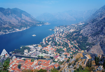 Fototapeta na wymiar View of the Kotor and Kotor Bay from Fortress, Montenegro