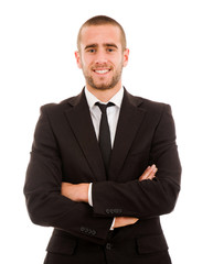 Portrait of businessman standing against isolated white backgrou