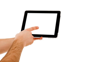 Male hands holding a tablet pc on white background