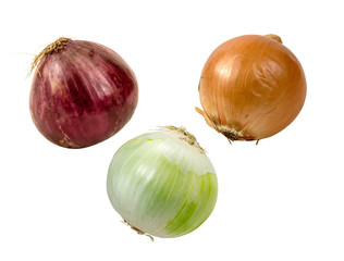 purple,brown and white onions on a white background