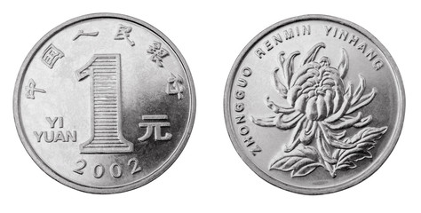 Obverse and reverse of chinese coin one yuan - obrazy, fototapety, plakaty
