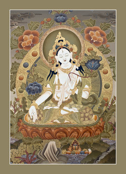 Inner part of ancient tibetan tangka "White Tara Goddes"
